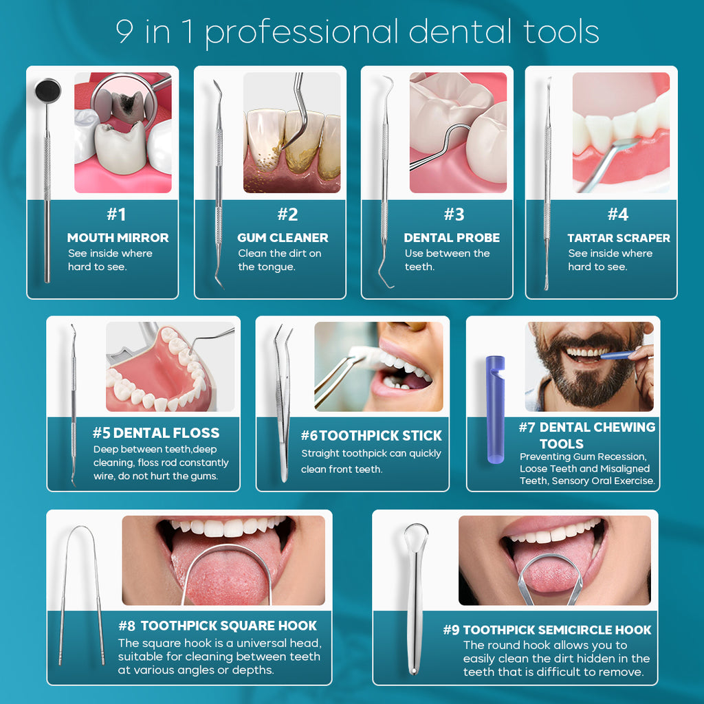 KOHEEL Dental Tools with Metal Case, Teeth Cleaning Tools Set, Remove Plaque, Oral Care Hygiene Kit & Toothpicks Pocket Set, Reusable Dental Floss Picks Kit, Tooth Picker (1 Pack)