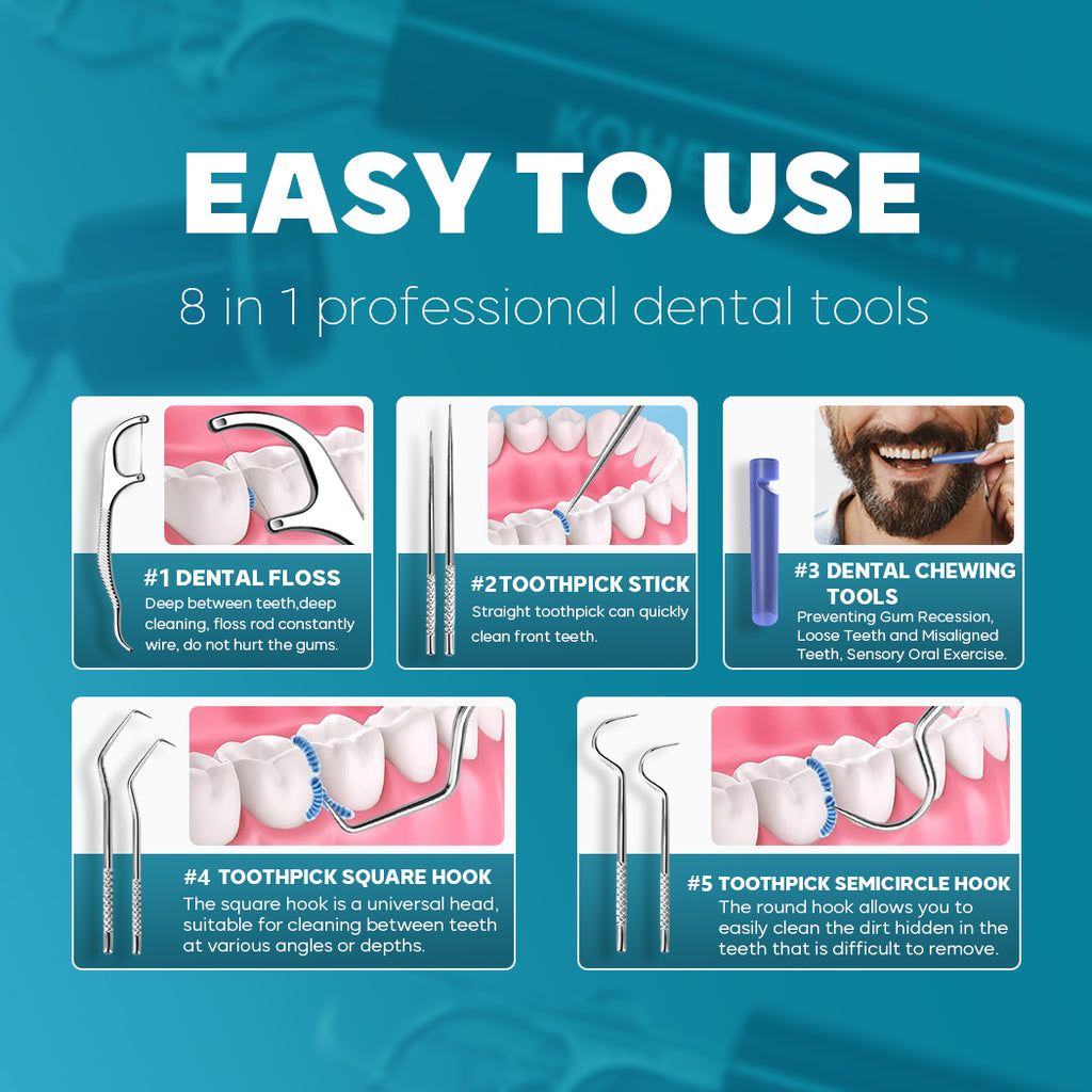 KOHEEL Dental Tools with Metal Case, Teeth Cleaning Tools Set, Remove Plaque, Oral Care Hygiene Kit & Toothpicks Pocket Set, Reusable Dental Floss Picks Kit, Tooth Picker (1 Pack)