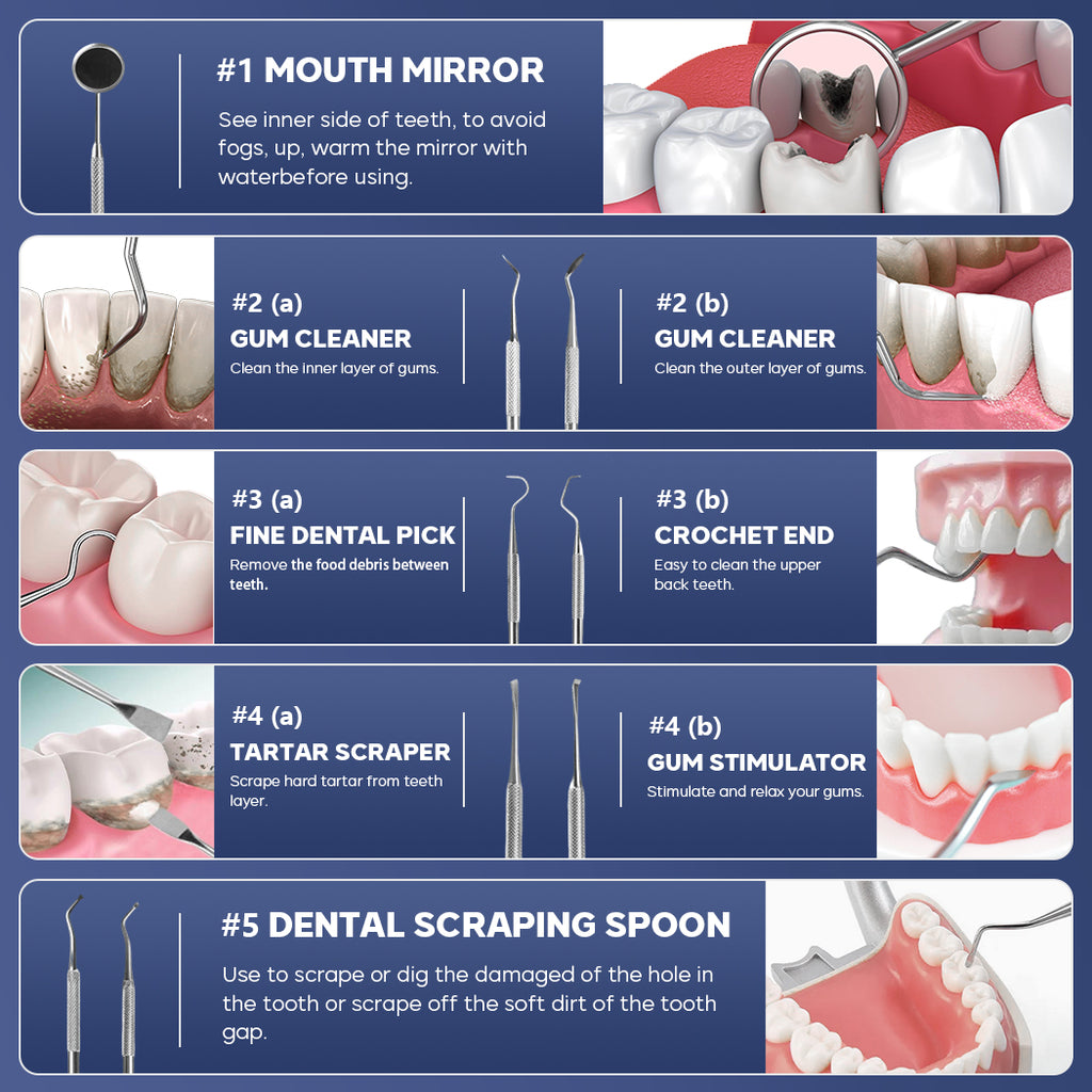 KOHEEL Dental Tools with Metal Case, 8 Count Teeth Cleaning Tools Set, Plaque Remove, Oral Care Hygiene Kit with 2 Type of Tongue Scraper, Tartar Scraper, Gum Cleaner, Dental Tweezerw