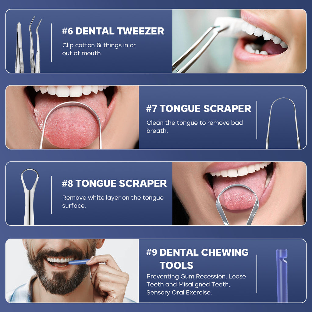 KOHEEL Dental Tools with Metal Case, 8 Count Teeth Cleaning Tools Set, Plaque Remove, Oral Care Hygiene Kit with 2 Type of Tongue Scraper, Tartar Scraper, Gum Cleaner, Dental Tweezerw