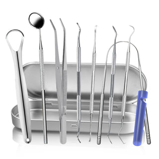 KOHEEL Dental Tools with Metal Case, 8 Count Teeth Cleaning Tools Set, Plaque Remove, Oral Care Hygiene Kit with 2 Type of Tongue Scraper, Tartar Scraper, Gum Cleaner, Dental Tweezerw